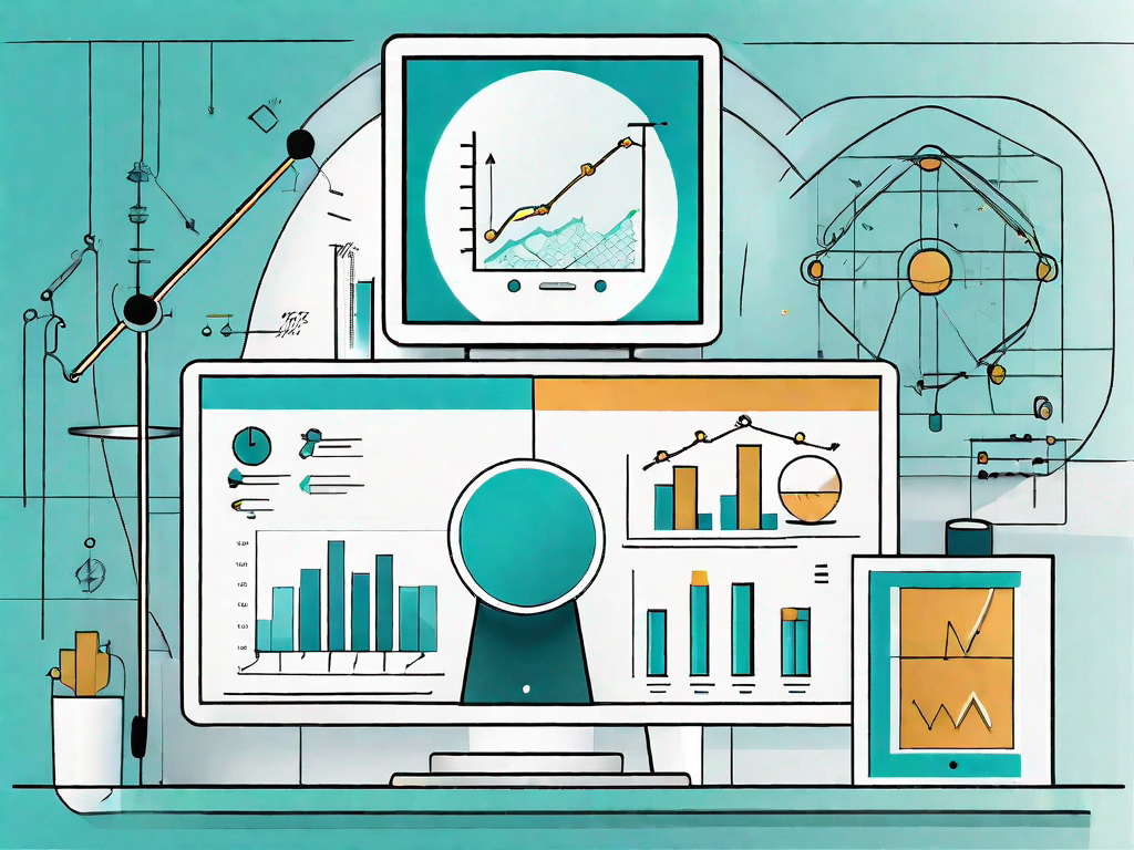 A trade show booth adorned with various analytical tools and charts