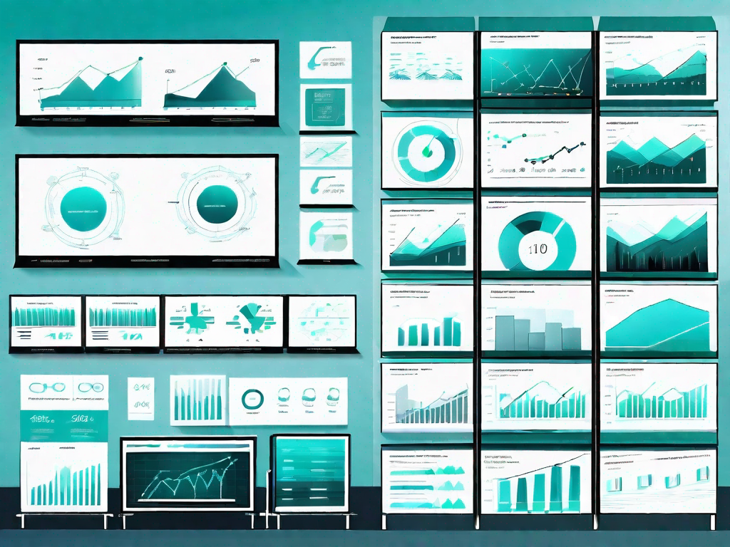 A trade show booth with various digital screens displaying different types of graphs and charts