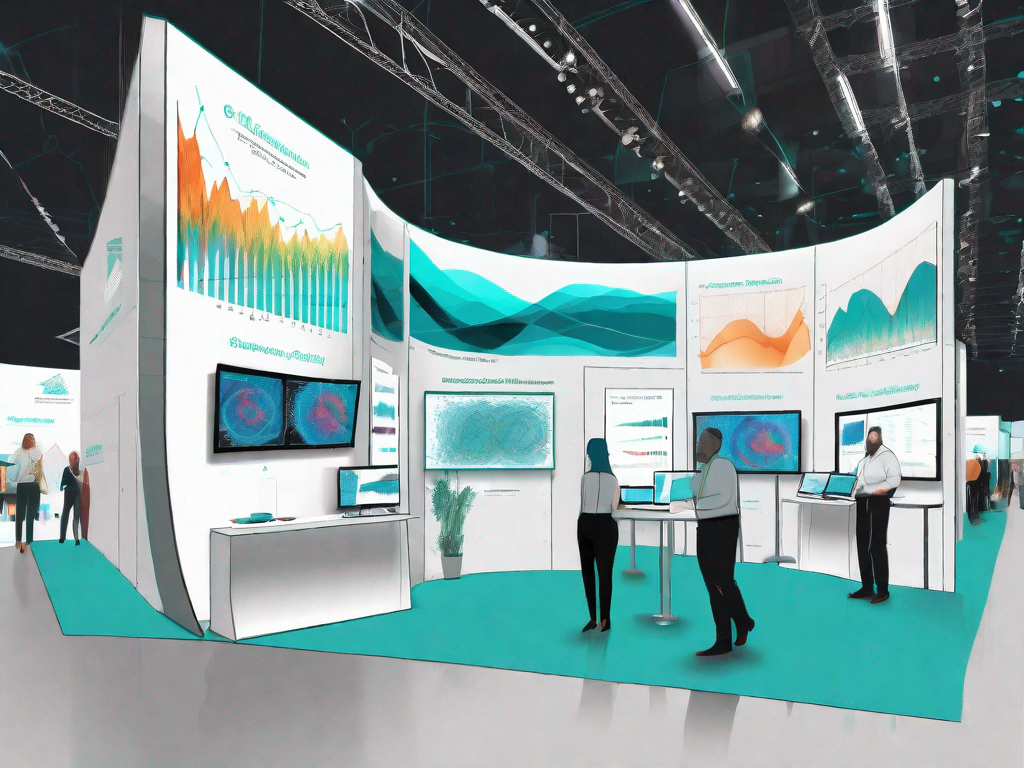 A bustling trade show booth filled with various interactive screens displaying graphs of monte carlo simulations