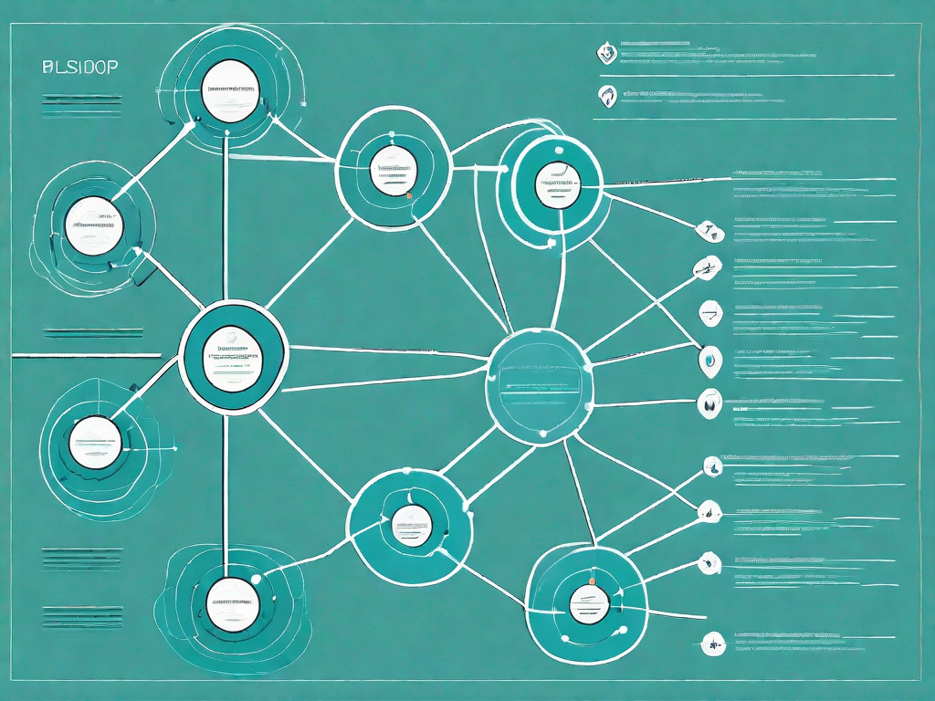 A data flow diagram with various interconnected nodes symbolizing different aspects of a workshop