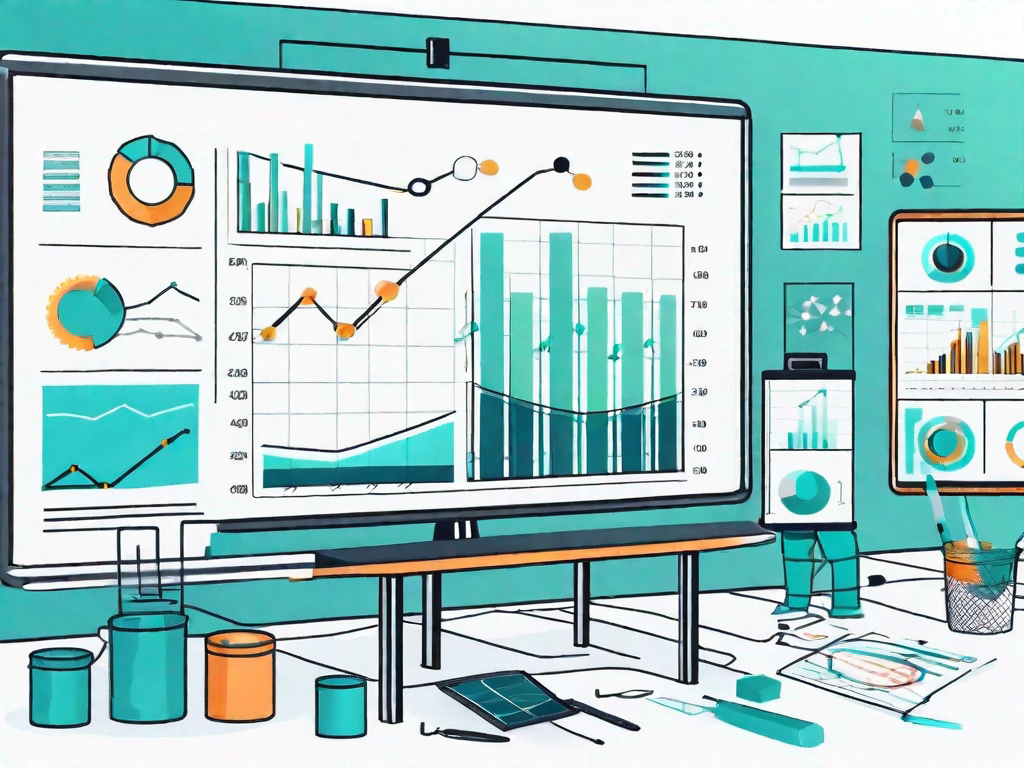 A workshop setting with a large screen displaying various graphs and charts