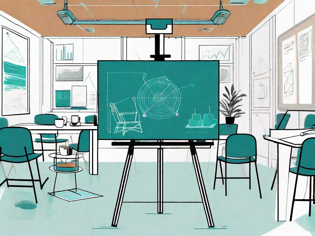 A workshop setting with a large easel holding a detailed use case model diagram