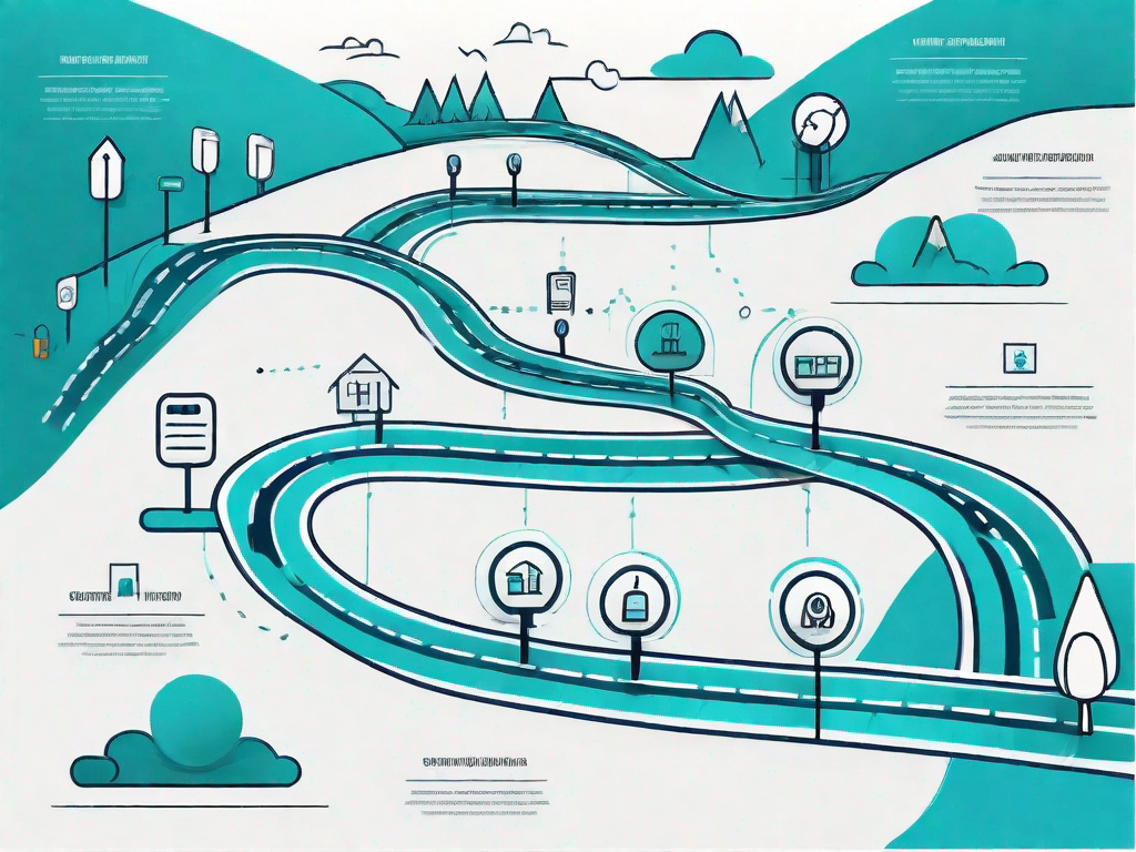 A roadmap with various symbolic icons representing different stages of a customer's journey