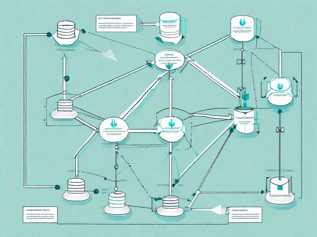 A data flow diagram with various interconnected nodes and arrows