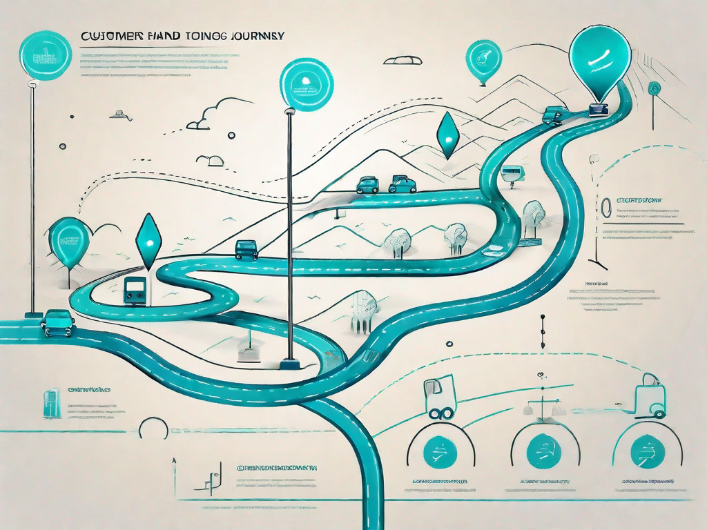 A roadmap with various icons representing different stages of a customer's journey