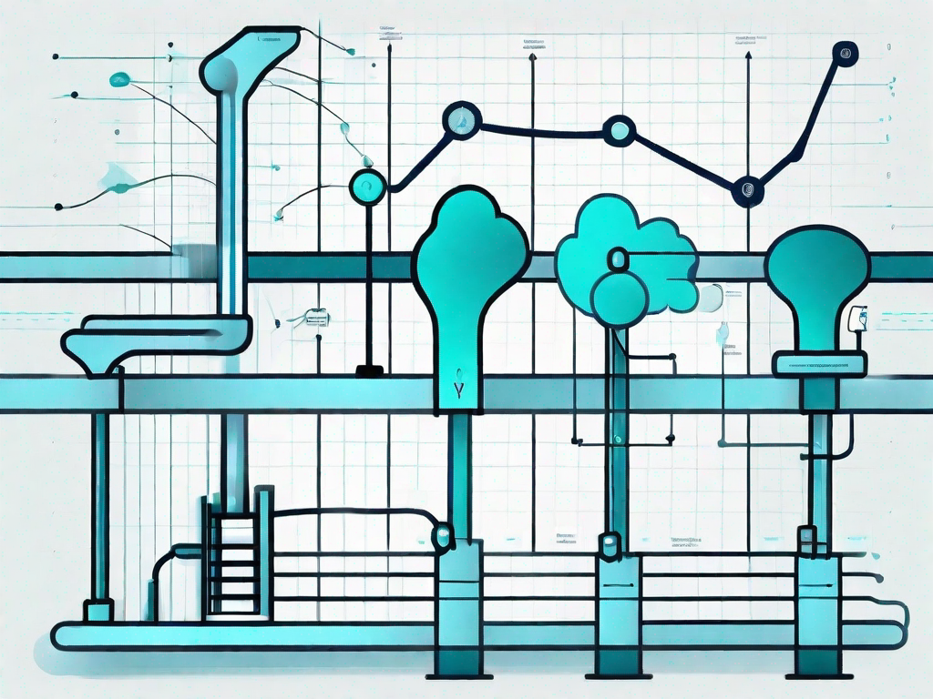 A product (abstract representation) going through various stages of a value stream map