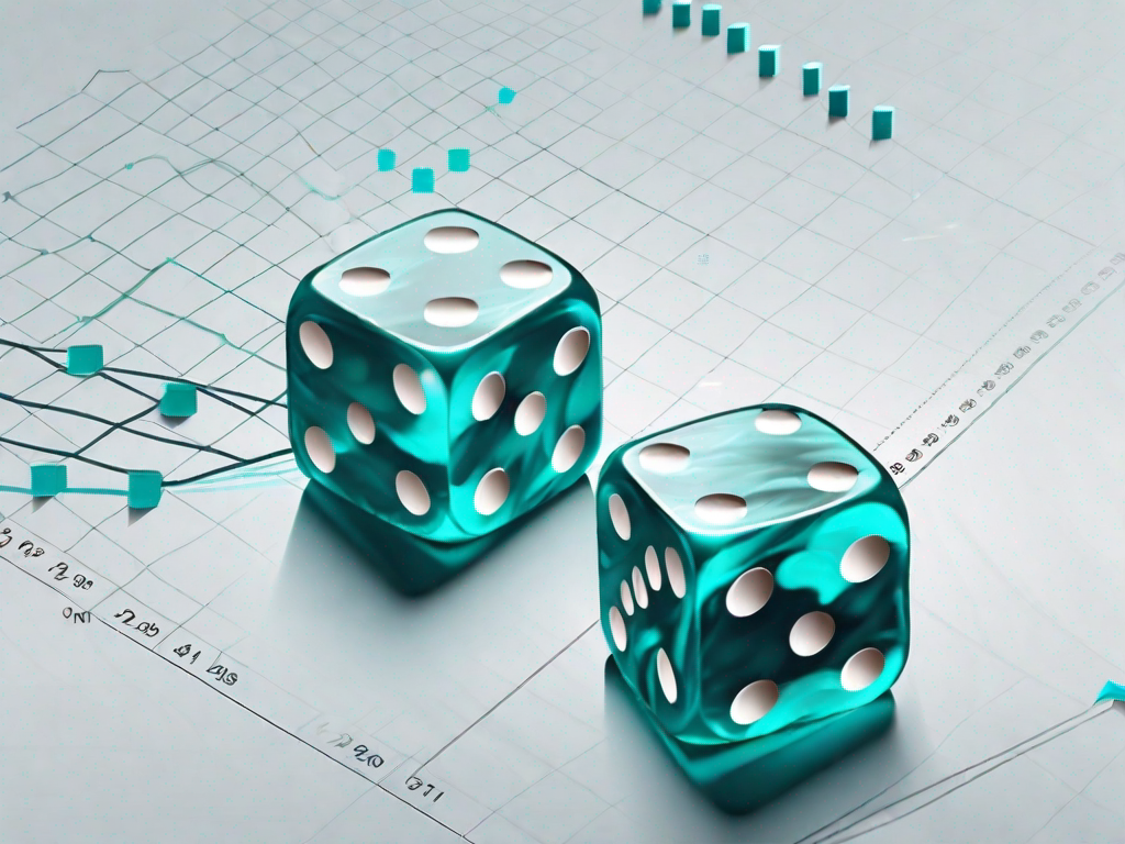 A pair of dice rolling on a table with a background of a graph depicting a simulation