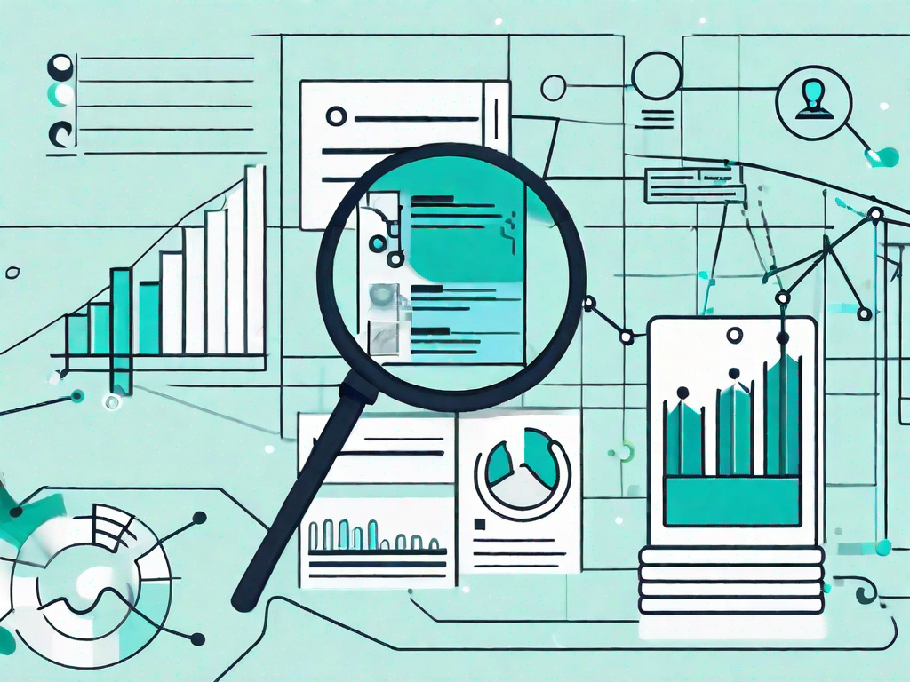 A magnifying glass hovering over a survey form and a bar graph