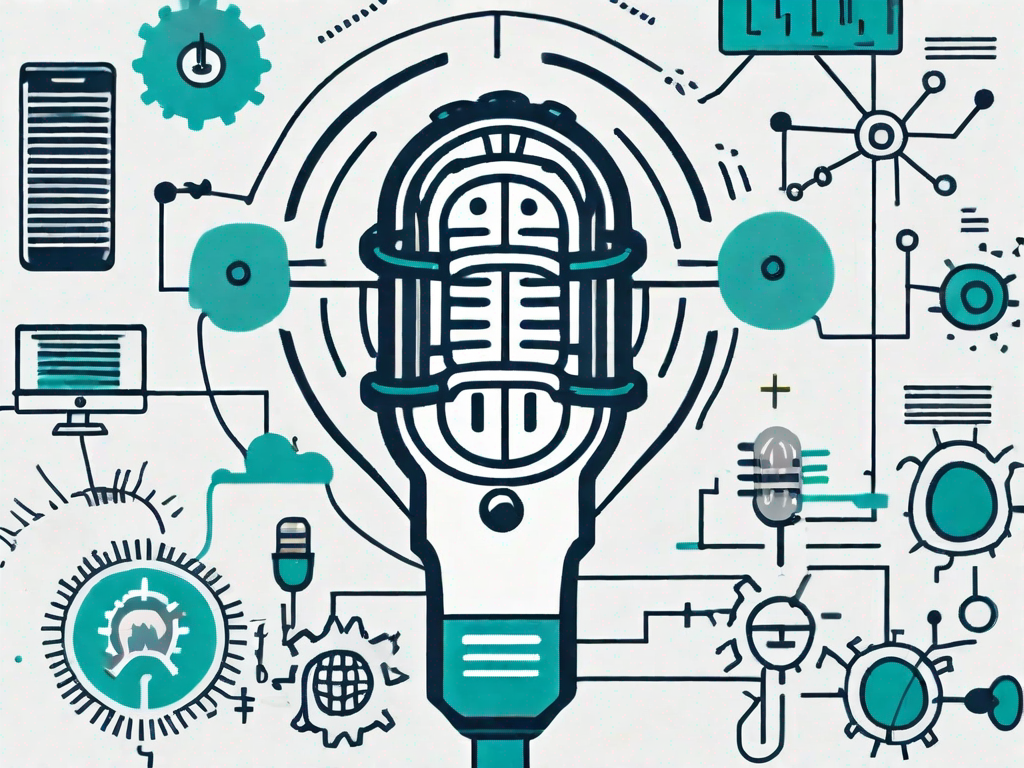 A podcast microphone surrounded by various symbols representing different stakeholder groups (like a lightbulb for ideas