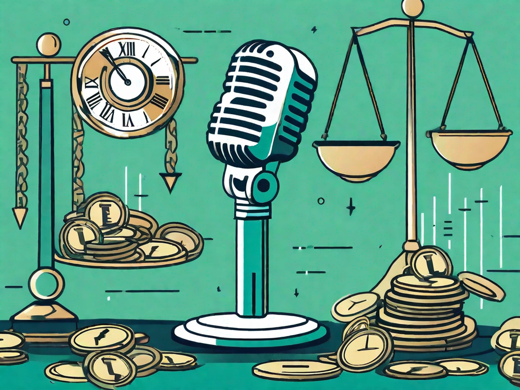 A microphone surrounded by symbols of money and time