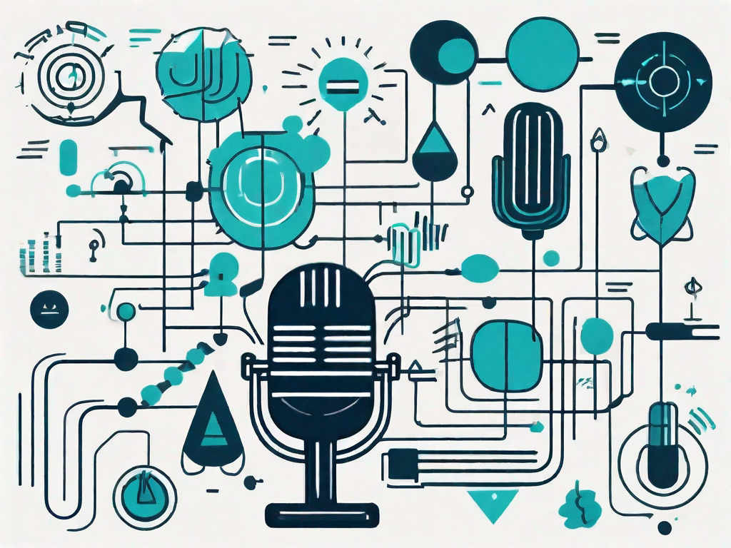 A microphone surrounded by various abstract shapes and symbols representing use case modeling