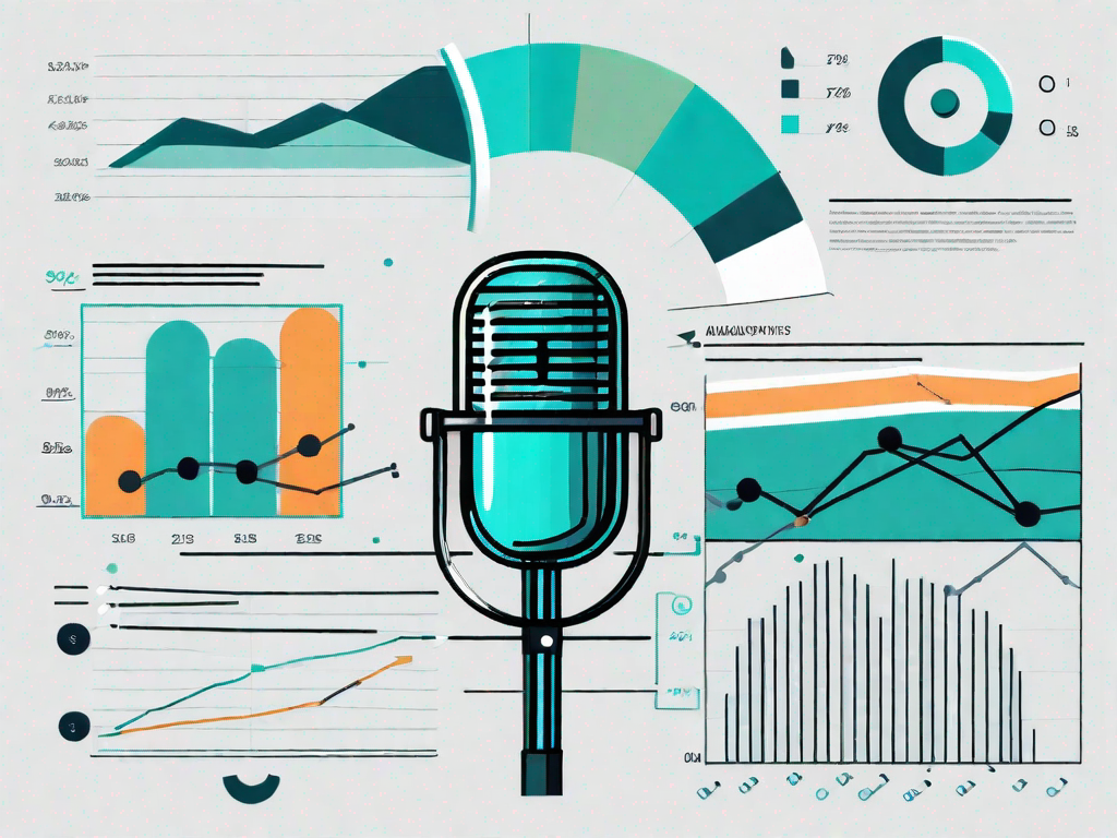 A microphone surrounded by various infographic elements like bar graphs