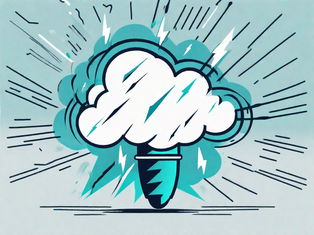 A brainstorming cloud emitting lightning bolts that are striking a podcast microphone