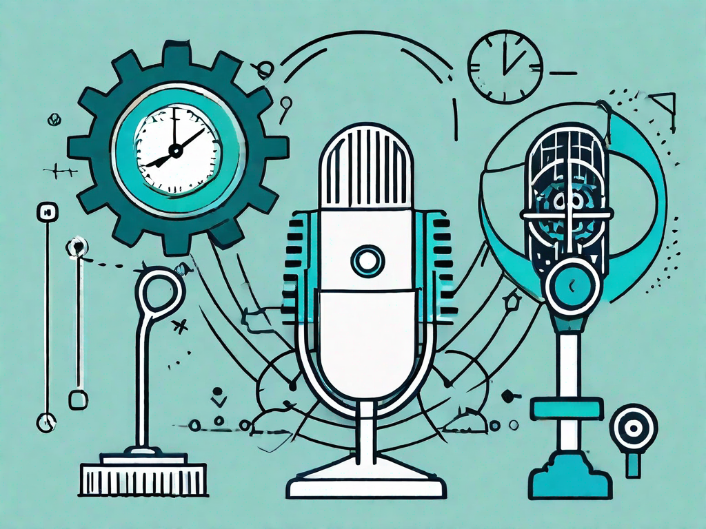 A podcast microphone surrounded by various symbols representing different stages of value stream mapping