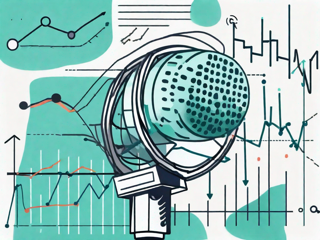 A podcast microphone surrounded by survey checklists and analytical graphs