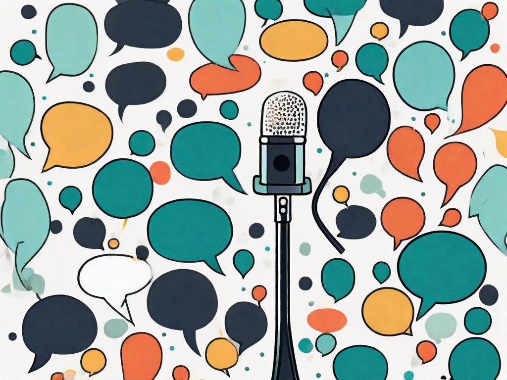 A microphone surrounded by multiple colorful thought bubbles