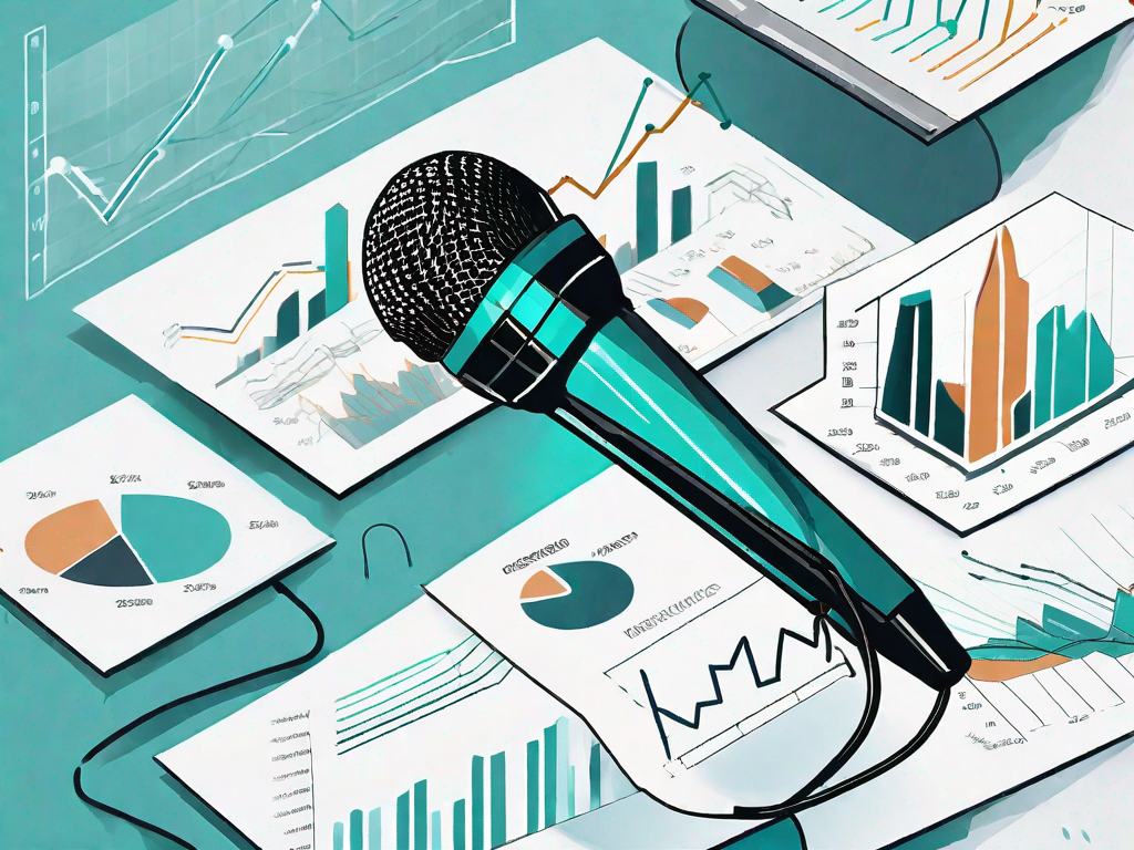 A microphone surrounded by graphs and charts symbolizing regression analysis