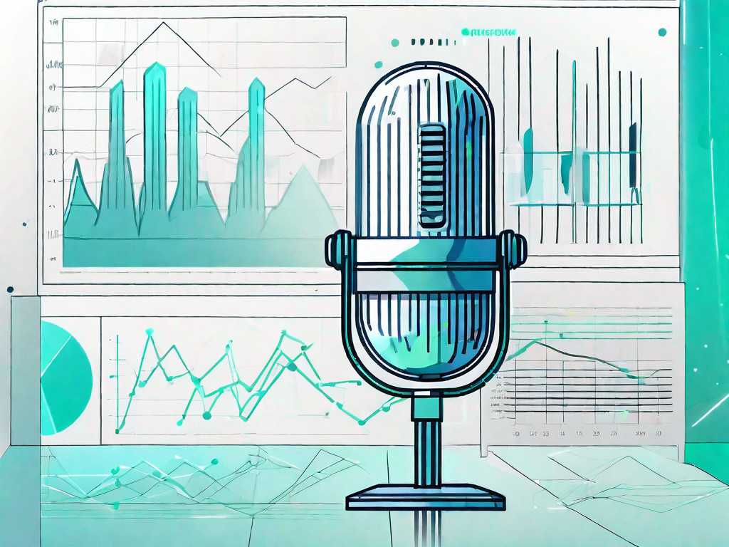 A podcast microphone surrounded by futuristic holographic charts and graphs