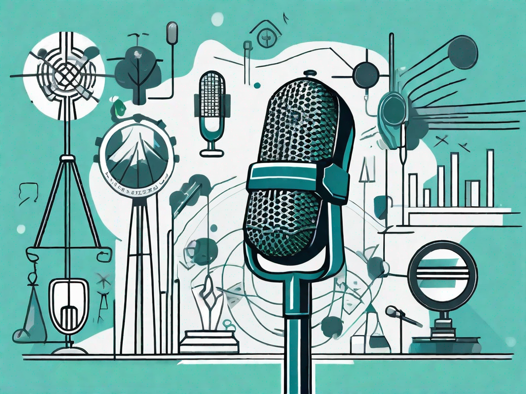 A microphone surrounded by six symbolic elements representing political