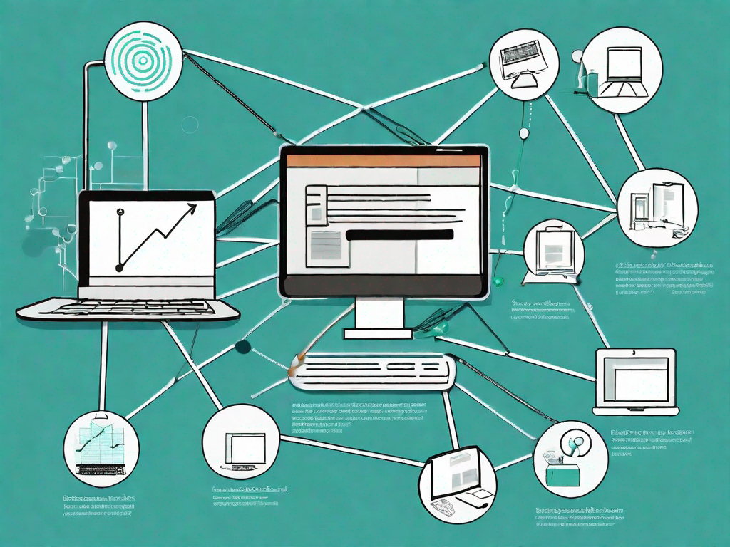 A data flow diagram with various blogging elements such as a laptop