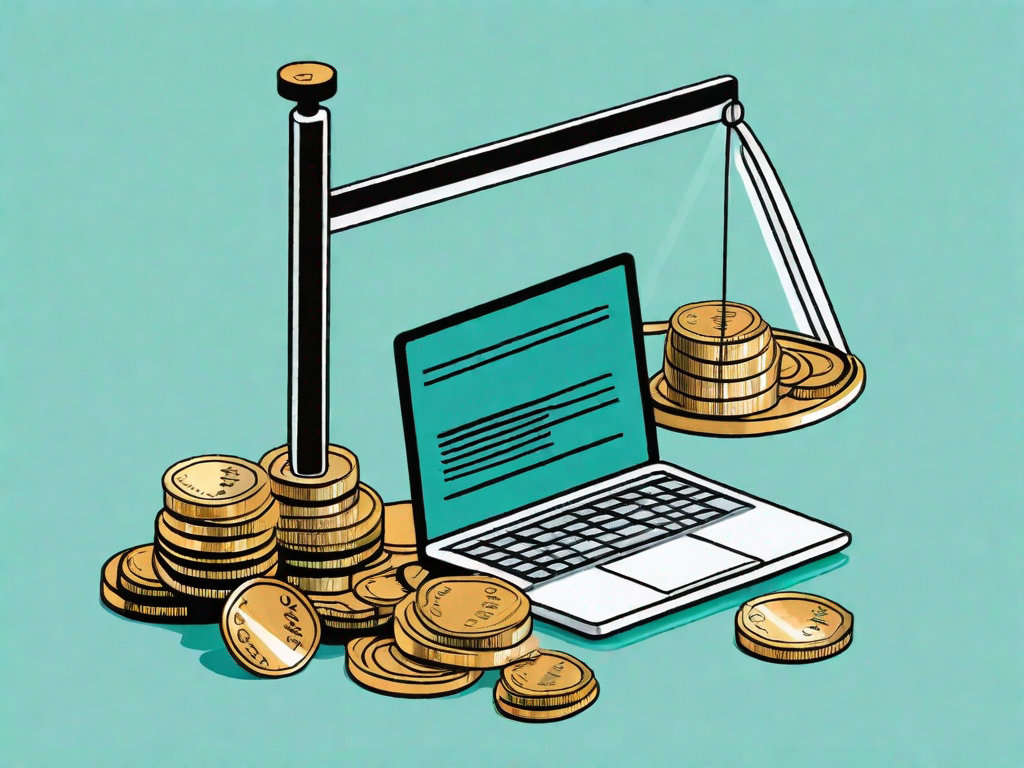 A scale balancing a laptop with a blog post on the screen and a pile of coins