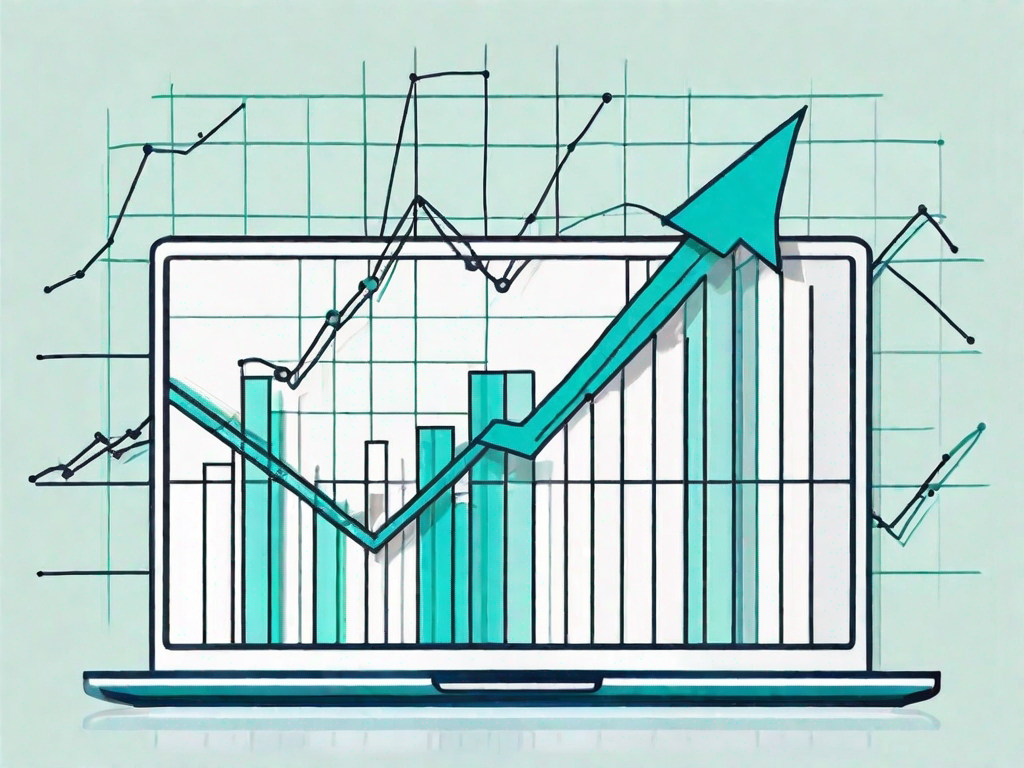 A laptop displaying a graph chart with upward trend lines