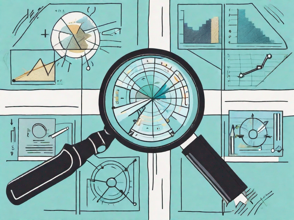 A magnifying glass examining the four quadrants of a swot analysis chart