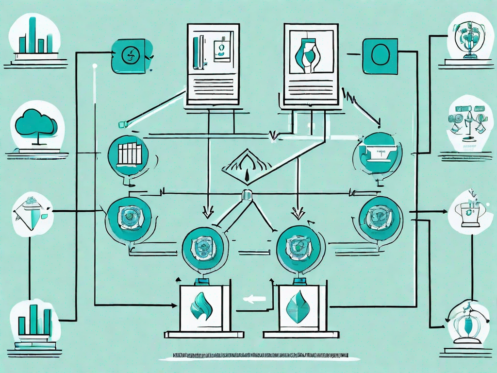 A data flow diagram with various abstract symbols representing sales training concepts