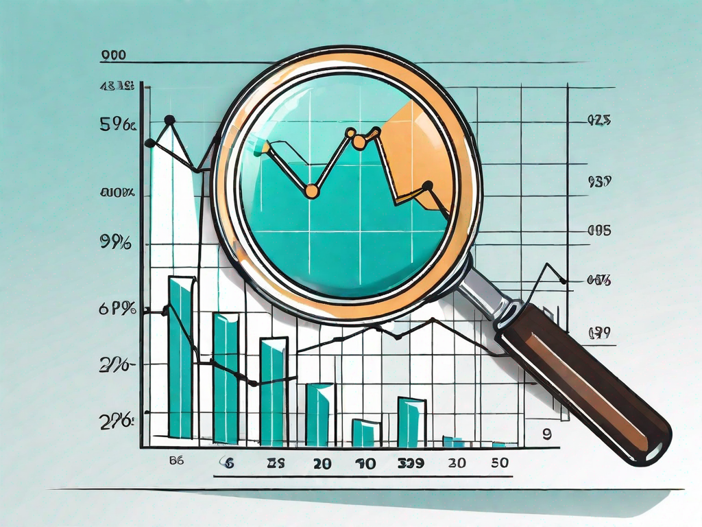 A magnifying glass focusing on a chart showing a rising sales graph