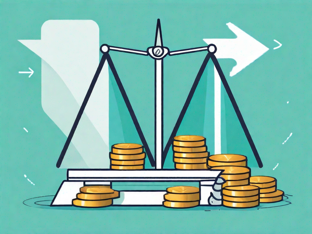 A balanced scale with a pile of coins on one side representing "cost"