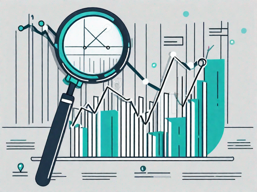 A magnifying glass hovering over a bar graph showing growth