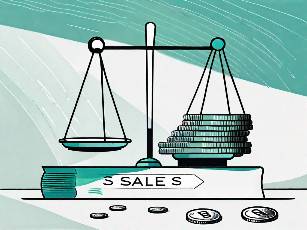 A scale balancing a stack of coins on one side and a sales training manual on the other