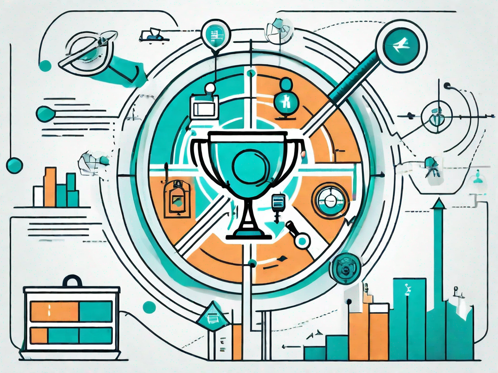 A stylized map with various symbols representing different stages of a customer's journey