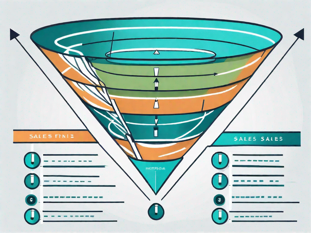 A stylized sales funnel intersecting with a critical path chart