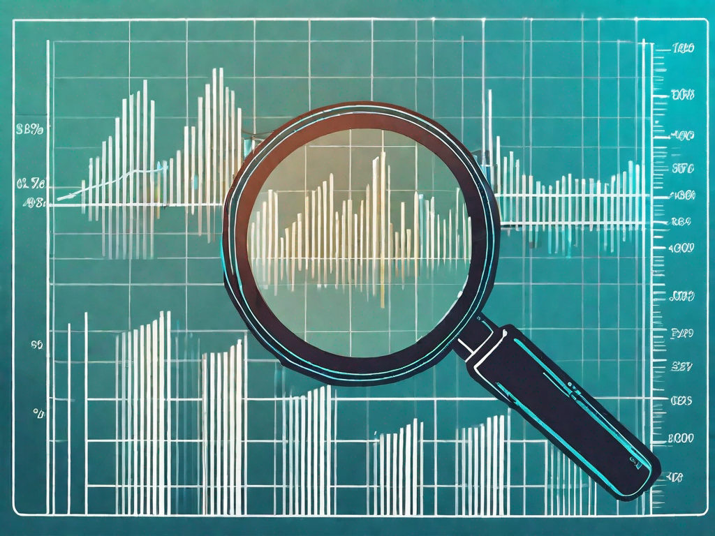 A magnifying glass hovering over a bar graph showing an increasing sales trend