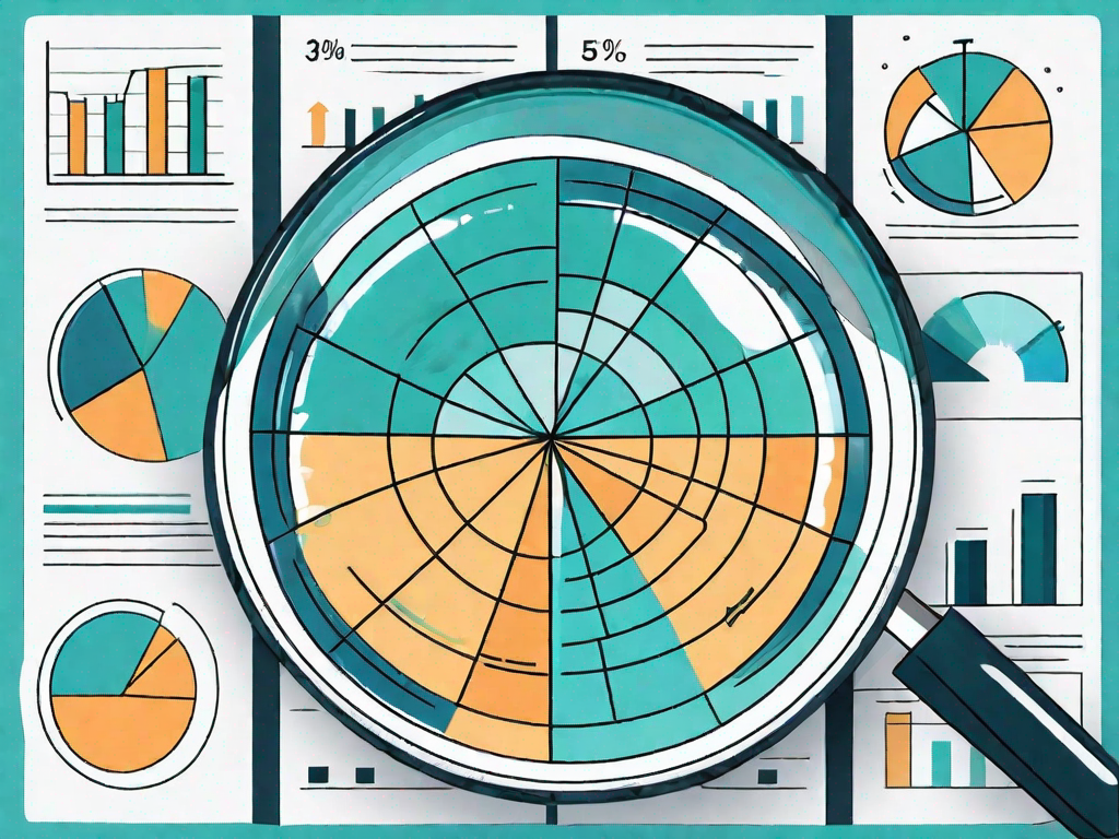 A magnifying glass over a pie chart representing a market