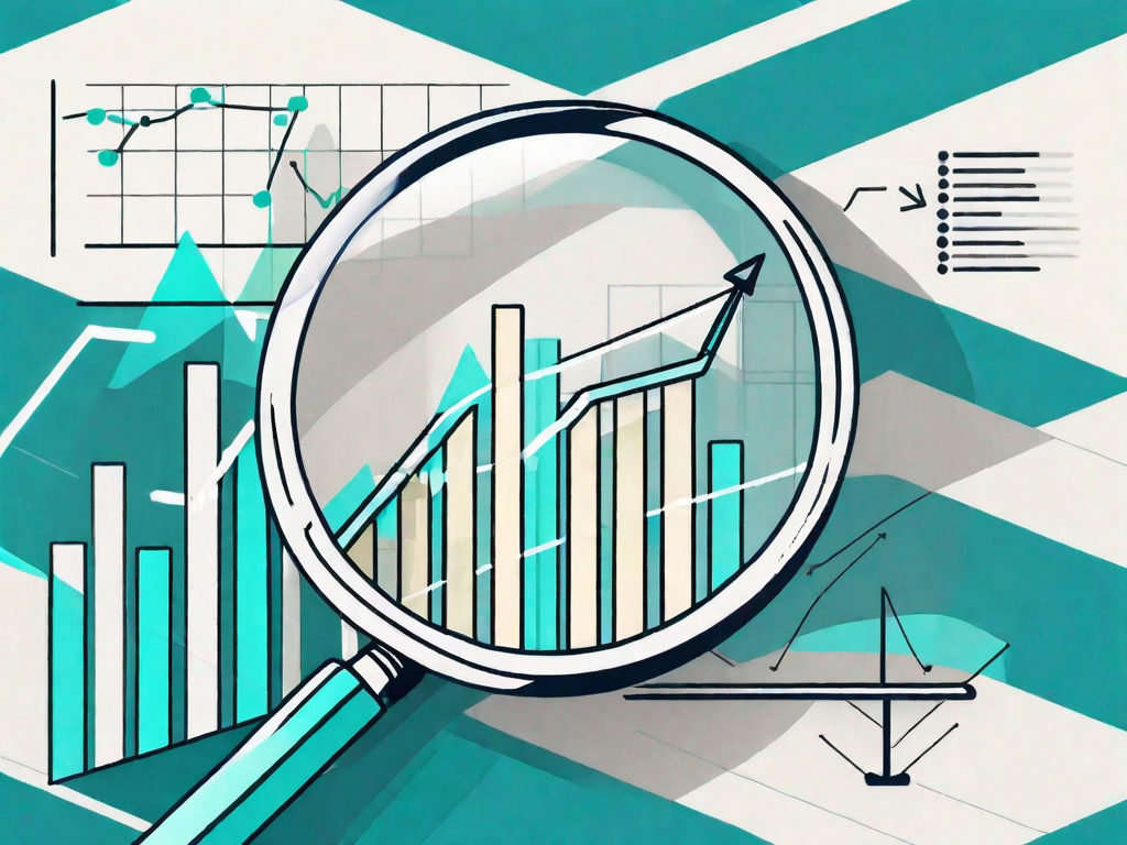 A magnifying glass hovering over a bar graph and pie chart