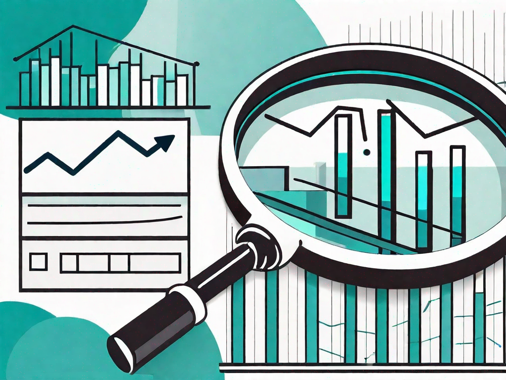 A magnifying glass hovering over a pie chart and bar graph