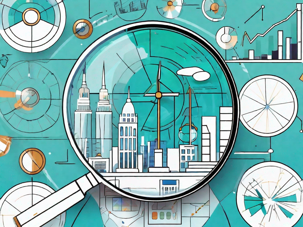 A magnifying glass hovering over a pie chart representing different market sectors