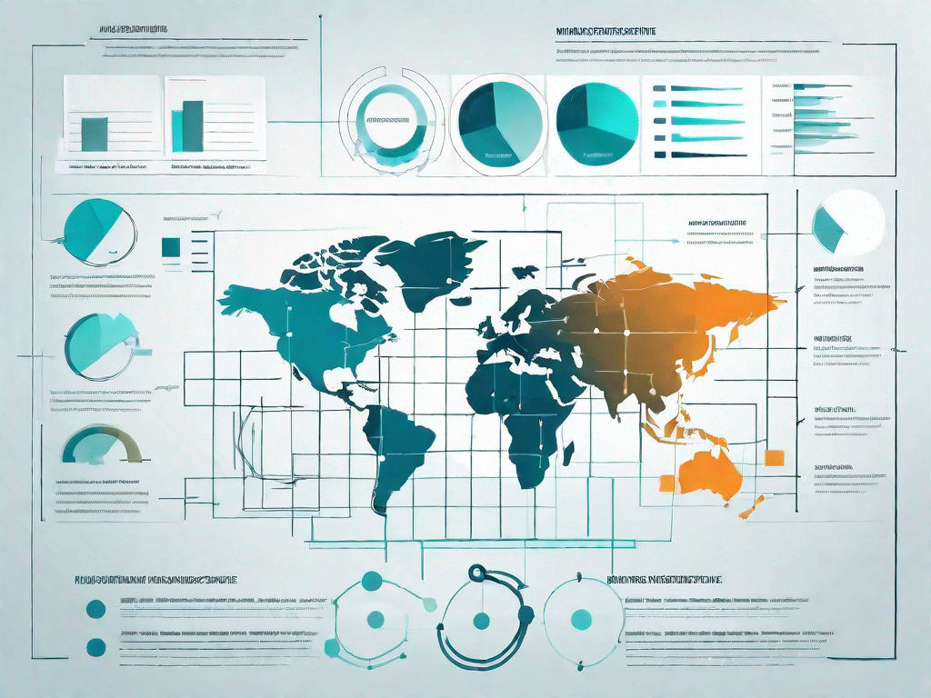 A work breakdown structure chart interconnected with various market elements like graphs