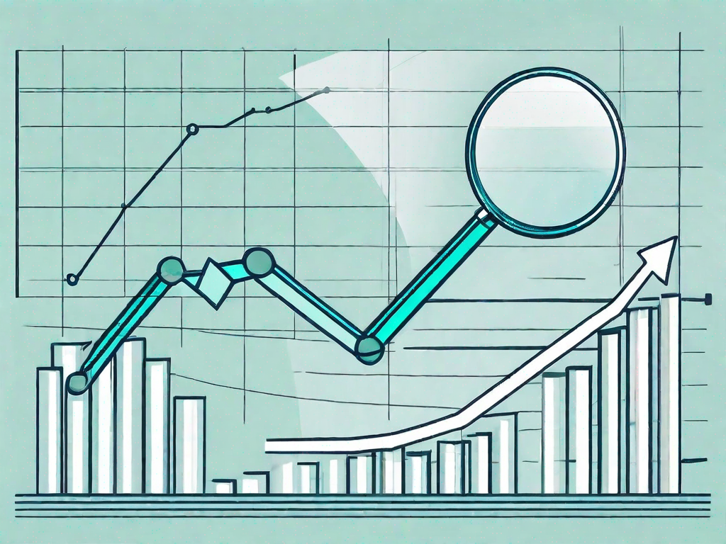 A magnifying glass enlarging a bar graph with upward trending lines