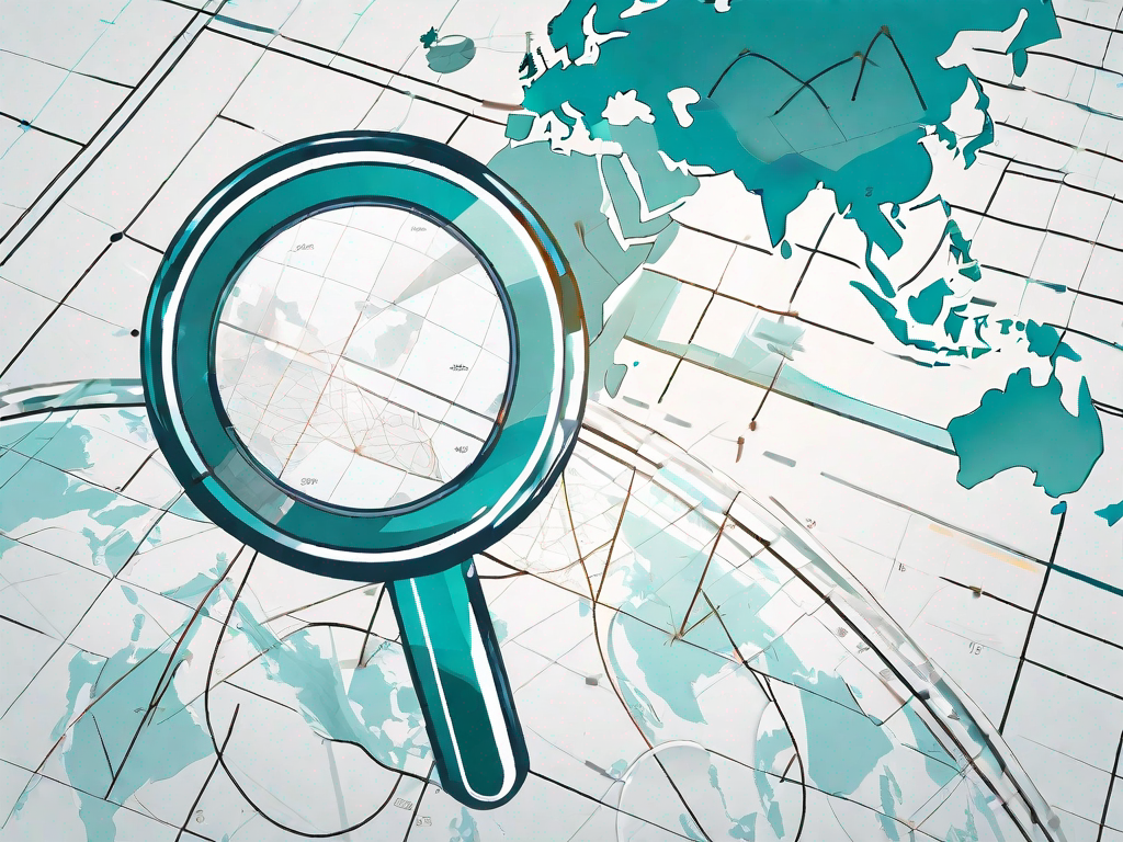 A magnifying glass hovering over a world map with various survey forms and bar graphs scattered around