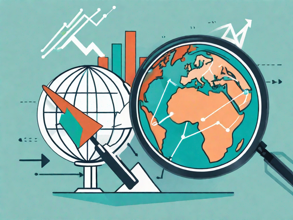 A globe with various market trends represented by different colored arrows moving upwards