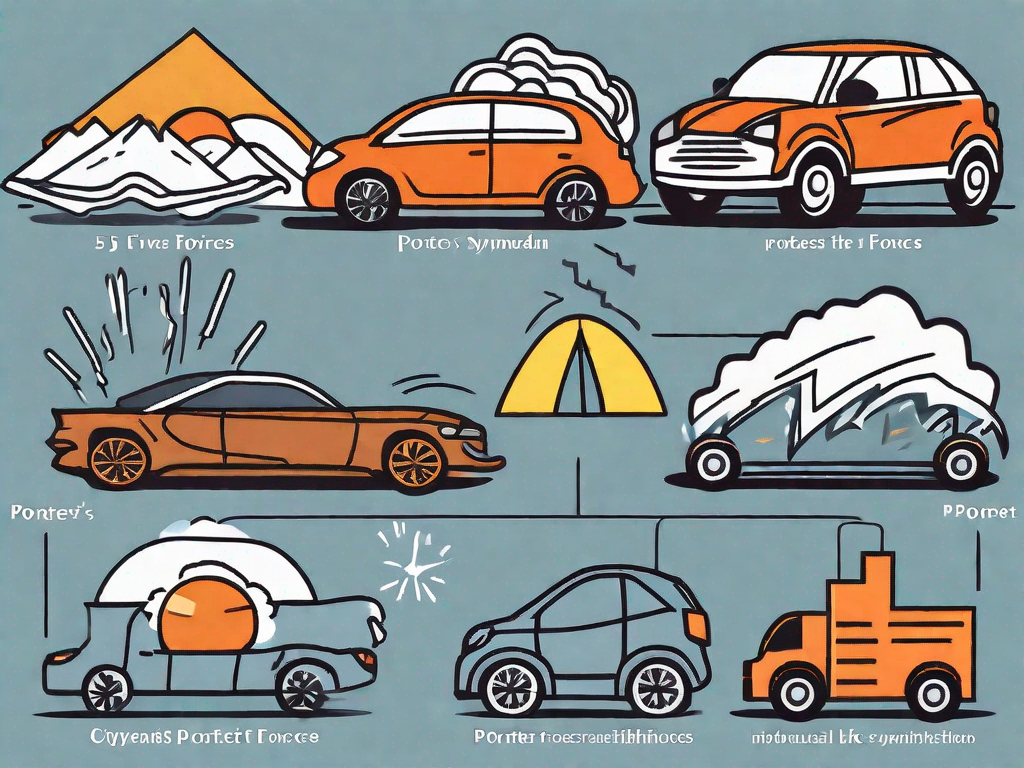 Five different forces symbolically represented (such as a wind