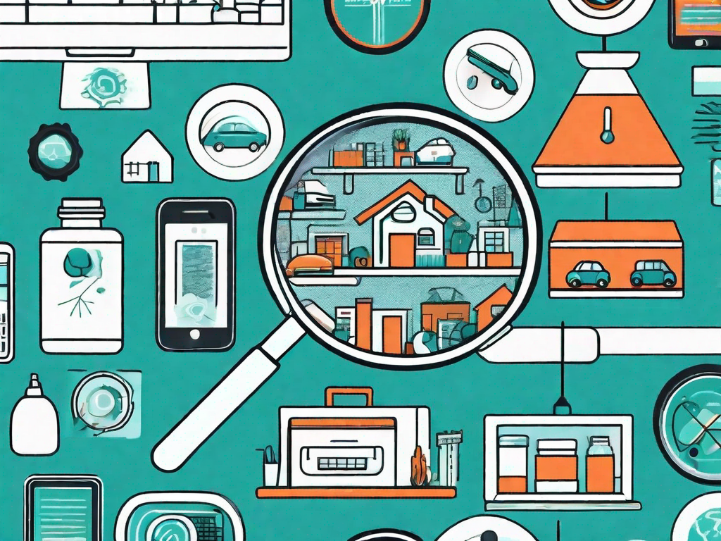 A magnifying glass scanning over various types of products (like a car