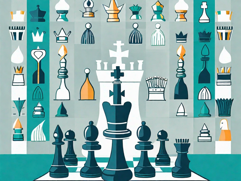 A chessboard with various marketing-related icons as chess pieces