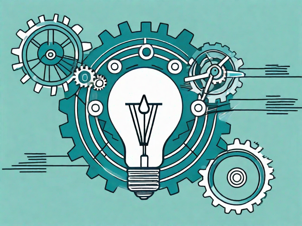 A lightbulb (symbolizing brainstorming) connected to a gear mechanism (symbolizing strategy)