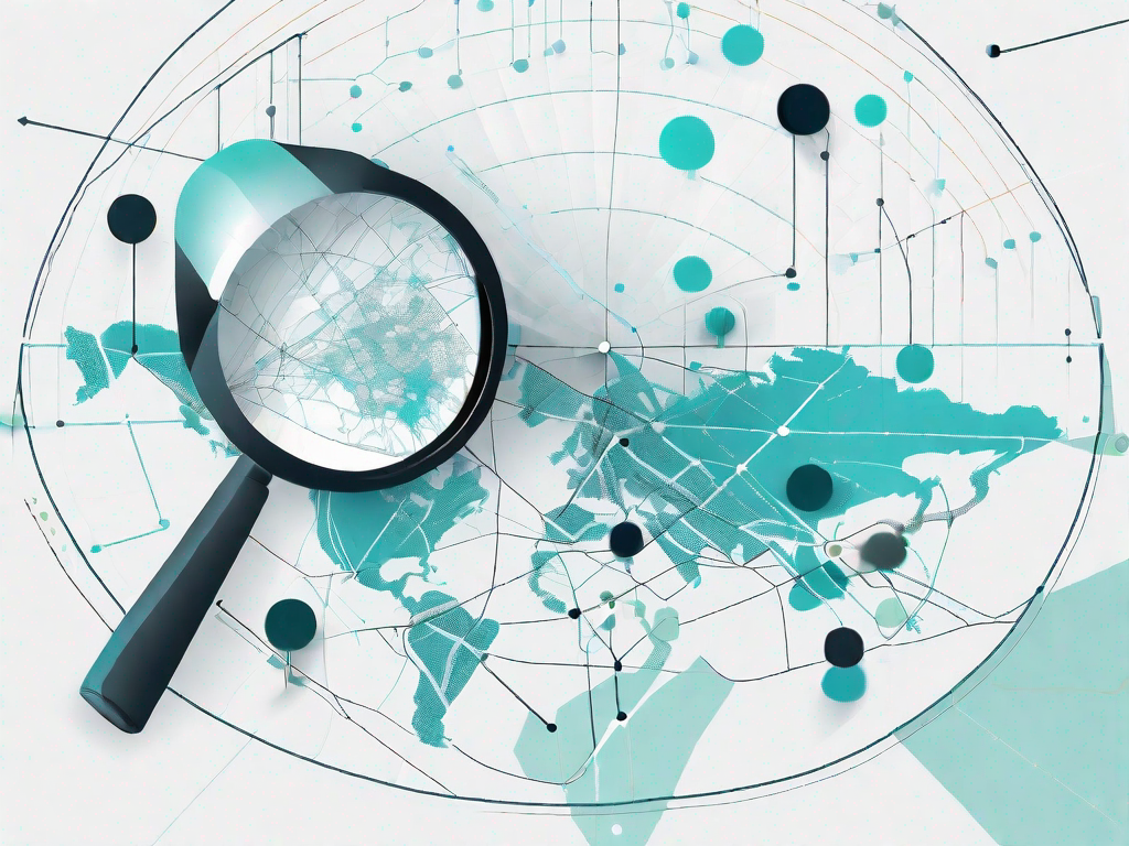 A magnifying glass focusing on a series of connected dots (representing the critical path) on a map