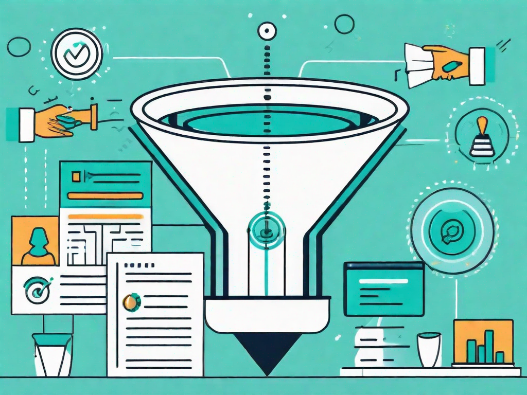 A marketing funnel with various survey forms and feedback icons descending into it