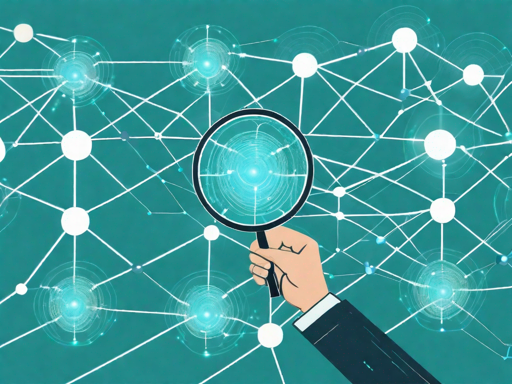 A magnifying glass hovering over a series of interconnected nodes